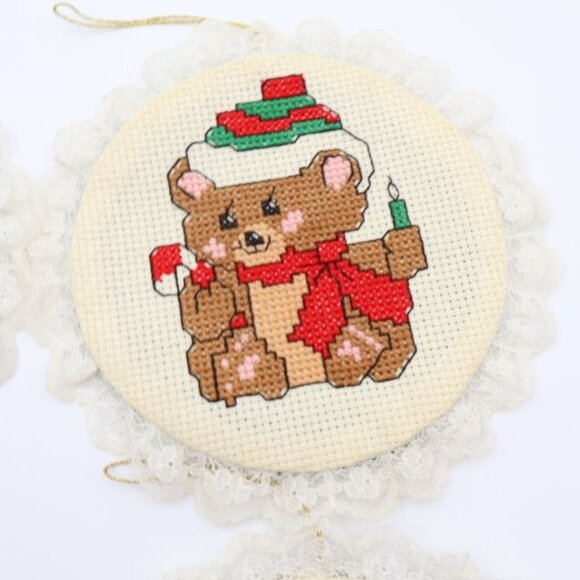 6 Vintage Christmas Ornaments Handmade Cross Stitch Lace Dog Cat Animals Felt - Picture 6 of 11